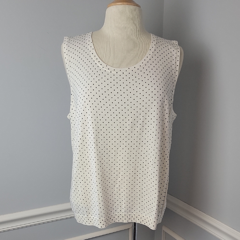 TALBOTS Cream Navy Blue Polka-Dot Scoop Neck Cotton Sleeveless Shell Vest XL NEW
